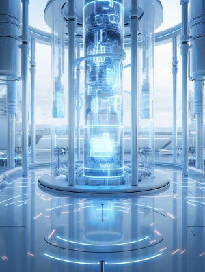 a machine surrounded by cables is visible in the image, in the style of realisticdepiction of light, clean and streamlined, wetcore, contemporary glass, science-based, dark white and light blue, sci-fi environments