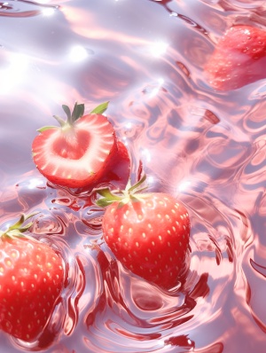 特写视图，闪烁的草莓，浅色调，透明浅粉色水，波纹，最佳佳比例，极简主义-ar 3:4-V6真实存在的，风格化100