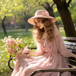 画面设定在一个明媚的春季午后，一个年轻的女生坐在一个充满鲜花的公园长椅上。她穿着一件飘逸的粉色连衣裙，裙摆随微风轻轻摆动，彰显了她的活泼与柔美。她的发型简单自然，长发微卷，搭配着一顶小巧的草帽，帽檐边缀着淡粉色的绸带。女生面容清秜带着淡淡的微笑，眼神中闪烁着天真无邪的光芒，双颊微微泛红，如同春花初绽。她的姿态既优雅又放松，一只手轻拿一本插图故事书，另一只手则在空中轻轻摆弄着一朵刚摘的白色小花，体现了她的性感之中带有一份清纯与可爱。