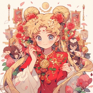 新年，New Year，happy，Sailor MOON, a beautiful girl warrior, happy, red and blue Chinese doll, sailor moon comic style, appropriation artist, shining eyes, pale color palette, apple, new Baroque, tondo ar 60:61