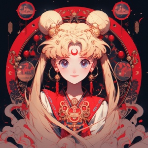 新年快乐的美丽战士: Sailor Moon和中国红蓝布娃娃的漫画风格