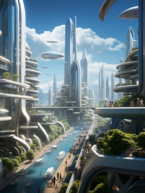 The futuristic city features sparkling lines, towering skyscrapers, a central square with a swarm of drones performing aerial shows, a high-speed maglev train station, and countless flying machines creating beautiful trails of light in the sky, ultra elegant wide angle, Unreal Engine, by Syd Mead, 8k, hd ar 3:4