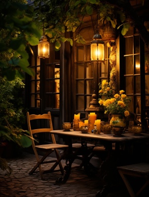 花园小酒馆，灯笼挂门口，屋内黄光透露真实美