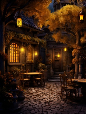 花园里的小酒馆，门口挂着灯笼，屋里透着黄光，门口有铁艺桌椅，相机真实效果
