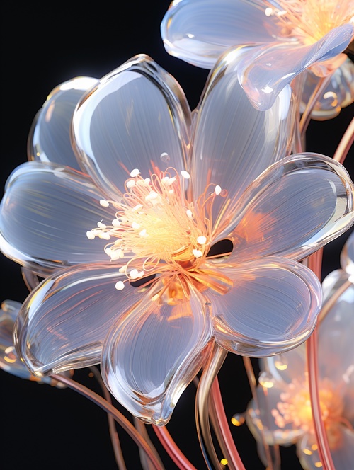 close-up, futuristic organic flower 3 plant design sense, digital plant volume and line contrast, glass metal texture neon light transparent plastic, optical, dream surrealism combination, fluorescent, bright, hyper detail, white background 3d art, c4d, behance, hyperrealblender, octane rendering, studio lighting, cyberpunk style