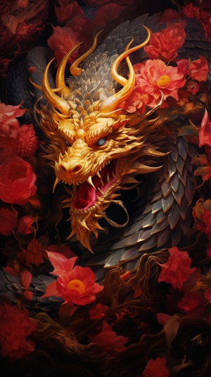 Night jungle, close-up, a red Chinese dragon, flashing in the darkness, showing golden eyes, golden dragon scales, horns and whiskers, surrounded by flowers, golden large roses, overall red dragon scales, decorated with golden dragons, in a dark and contemplative designer style, clean and concise composition, luxurious decorative paintings, highly detailed leaves, golden light, optical illusion paintings, close-up intensity, hyperrealistic animal illustrations, flower surrealism, precisionist art, red paint