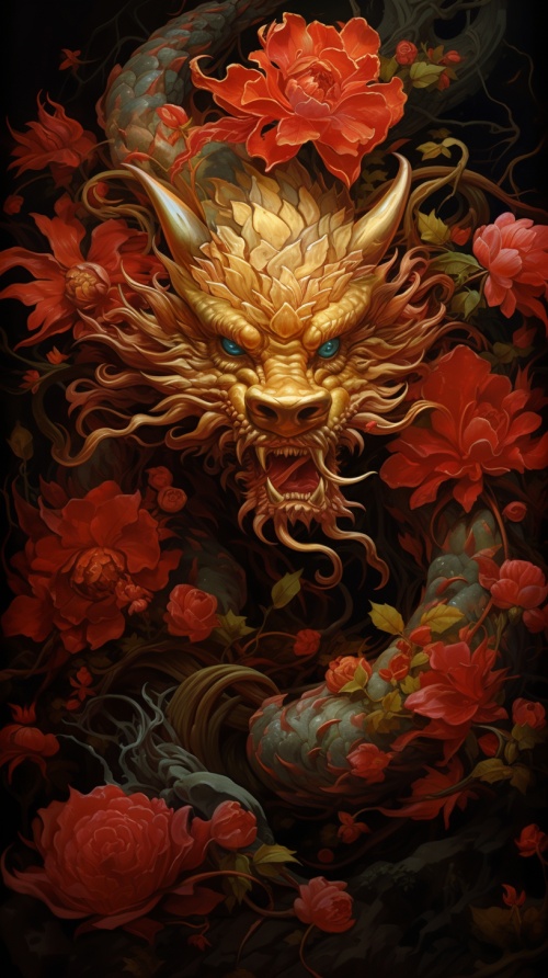 Night jungle, close-up, a red Chinese dragon, flashing in the darkness, showing golden eyes, golden dragon scales, horns and whiskers, surrounded by flowers, golden large roses, overall red dragon scales, decorated with golden dragons, in a dark and contemplative designer style, clean and concise composition, luxurious decorative paintings, highly detailed leaves, golden light, optical illusion paintings, close-up intensity, hyperrealistic animal illustrations, flower surrealism, precisionist art, red paint