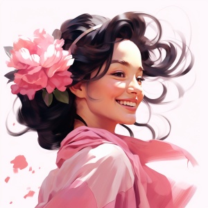 双马尾女孩笑容中穿戴花围巾粉色裙子