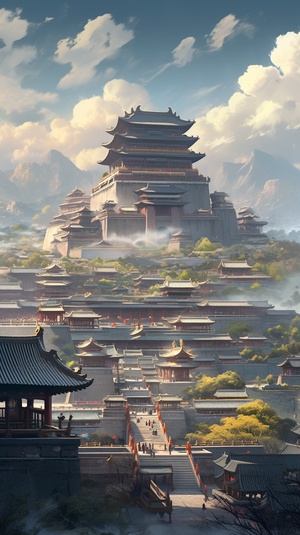 古代秦朝全景，秦朝建筑，宫殿，富丽堂皇，壮观，自然美景，唯美意境，细节感，大师级，超高清画质。