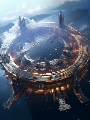 space, aerial view, clockpunk, futuristic illustration, John Harris, Kim Jung Gi v 5.2 ar 3:4