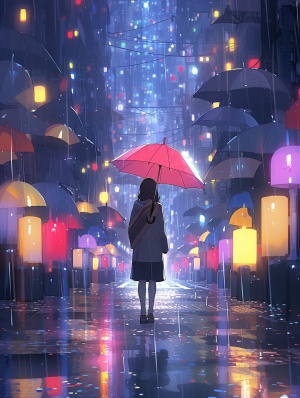 学校那种晚上，夜晚，然后下雨 ，一个小人（女生）背对着学校，撑一把伞，场景大，学校大，面朝学校