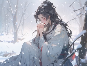 中国古代，一个女人，坐在雪地上，双手抱着自己，穿着素色汉服，泪流满面