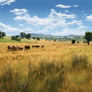 背一片美丽的咖啡色草地，一只边牧在草地上悠闲地吃草。