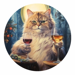 一只猫端着酒杯，在一个大圆桌前，喝得东倒西歪。贴纸，诙谐幽默，白色背景，画面颜色鲜艳，表情生动，细节封面，画质细腻，8k高清，每一根绒毛根根分明