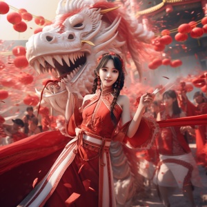 New Year red theme:, dragon dance performance, future concept, concise picture, detailed details, outstanding works, conceptual composition, perfect lighting, movie scene, filter color matching ar 9:16 stylize 250 v 6.0