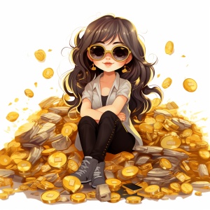cute girl wearing sunglasses, sitting in a money mountain, lots of money and gold and coins, chibi styleniji 5s 750ar 3:4