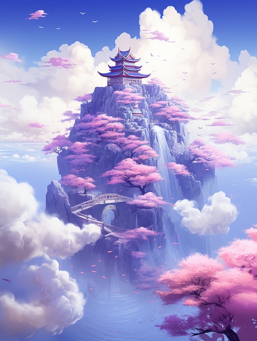 island in cloudcore digital animation, purple color, purple lavender flowers everywhere, Cyril Rolando style, white apricot blossoms, fantastic architecture, high angle, traditional Chinese art, surrealist forms, cloudcore