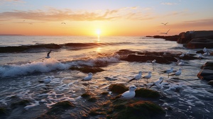 大海，海鸥，夕阳，黄昏，奔腾的海浪，一幅详细的哑光画谷歌地图街景，西格玛1 0 - 2 0毫米，第一人称，颜色等级 iw 2 真实，高清34k画质，气氛感，分辨率高 网络摄像头摄影超高清图像 近景 超真实 水面 海岸线