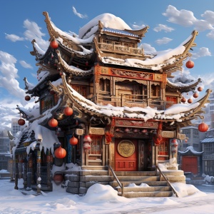 《新年快乐》，《超带感的古风建筑字体》一张带有两栋建筑的中国新年贺卡，daz3d风格，木雕，户外艺术，雪景，细致而复杂的构图，vray，我简直不敢相信这是多么美丽