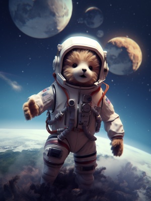 Modern Clean Fun: Teddy Bear in Astronaut Attire on Sci-Fi Background