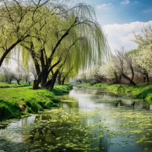 初春，河边的柳树发芽了，绿绿的垂杨柳，地上还有几株小花，春的气息浓了。