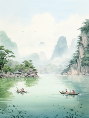 徐阳华的中国水彩画，以平静对称的风格，数字绘画，浪漫的河景，传统动画，淡青和红色