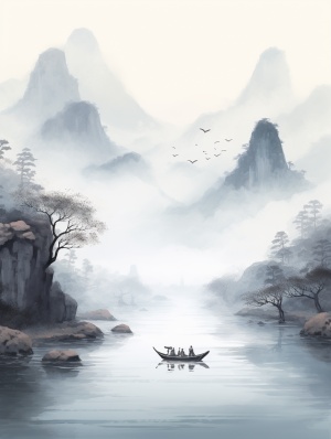 徐阳华的中国水墨画，一只小船，泛舟溪上，远处山峰笼罩在迷茫的大雾中，以平静对称的风格，数字绘画，浪漫的河景，优美意境，禅意空灵