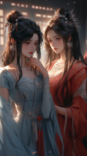 古汉代女子穿着中国传统服饰，蓝色与红色长裙彰显温婉大方
