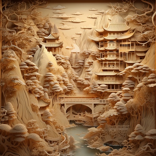 中国壁纸，超现实主义建筑景观风格，木雕，详细的缩影，ivan fedorovich choultse，在玛雅渲染，中国风格的风景，雕塑纸结构