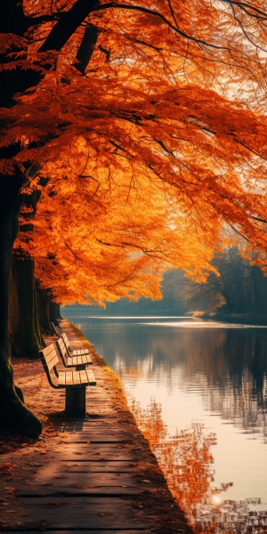 autumn trees and a bench sitting by a river, in the style of light orange and light gold, bold color schemes, warmcore, dutch tradition, associated press photo, joyful and optimistic, provia