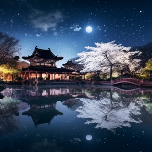 在美丽的画面中，我们看到了中国古代宫殿的辉煌。夜空中，璀璨的星星与亮蓝色的梦幻夜空交相辉映，仿佛在诉说着古老的传说。月亮静谧地躺在池塘中，与黄色的桂花树形成一幅美丽的画卷。通过超广角镜头和高细节高清渲染，我们得以更加真实地感受到这美妙的场景。在润色过程中，我们注重保持原意不变，同时提高了文字的质量和可读性，使其更具吸引力和生动性。