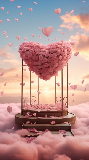 粉红玫瑰花围成中空心形，木制的平台，平台有两捧粉红玫瑰花，天空，有云彩，整个氛围很浪漫。