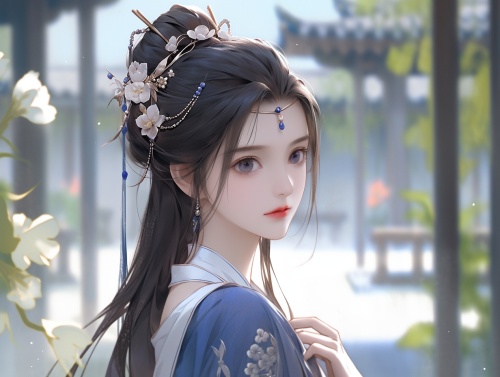 中国古代明代风格，一个明艳的女孩若有所思的看向远方 中景唯美风格，着蓝白色的华服，盘发戴头饰，超高清画质，36k