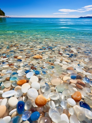 蓝白沙滩上绚丽微光，彩色爱心石点亮艺术光滑景象