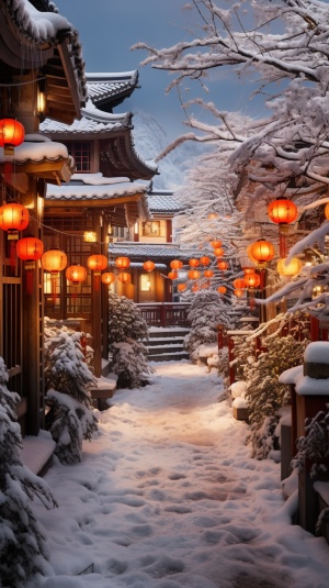 This is a very beautiful winter snow scene. The villages in the mountains are covered with heavy snow, white persimmon trees, many red fruits, ice flowers, many bungalows and trees covered with thick snow, and big red lanterns hung in front of the doors to welcome the New Year. Snowflakes dance under the light of orange street lights, the background is blue, the perspective is surreal, ultra-wide angle, the photography is bright and soft, beautiful artistic conception, HD, 8k, HD