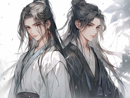 中国古代，两个15岁俊美男子，长发，面容精致，身材纤细，全身，站着。