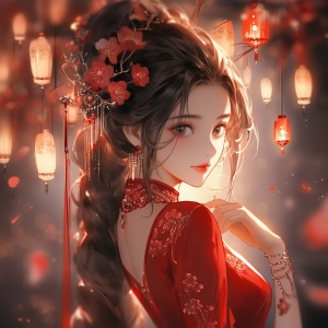 中国女孩美丽的头发在红色连衣裙与鲜花，在风格的令人难忘的美丽插图，仙女学术，发光的质量，夜芯，南北朝，浪漫的现实主义，深橙色和白色
