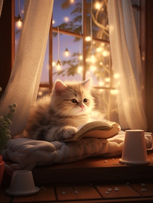 小猫咪在小木屋的温暖卡通氛围