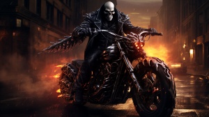 电影《恶灵骑士》中的恶灵骑士 骑着灵魂战车在大城市中穿梭 皮夹克 身上有锁链 骷髅头造型 骷髅头上有火焰 没有头发 摩托车轮子有火焰 哈雷摩托 高清 写实主义 真实的 细节 8K超高清