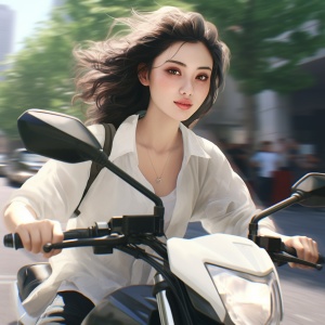 动漫美学风格白色摩托车骑行的女性角色
