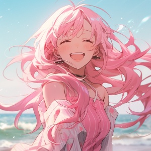 粉色衣服与长发妩媚，灿烂笑容在海边