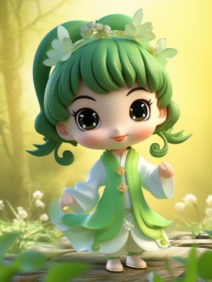 一岁中国仙女宝宝翩翩起舞，精致浅绿汉服