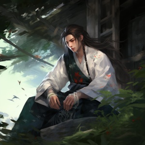 一个长发的亚洲男孩坐在外面，动漫艺术风格，汉代，深白浅绿，深白浅红，浪漫韵味，无性别，32k超高清