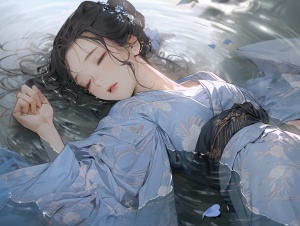 一个美丽女子，穿着蓝色汉服，躺在水中，落水，溺水，特写镜头