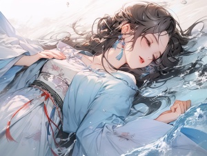 一个美丽女子，穿着蓝色汉服，躺在水中，落水，溺水，特写镜头
