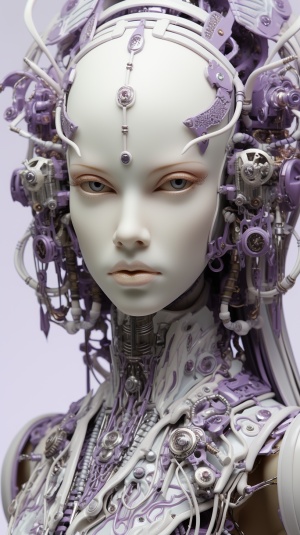 紫色机器人美女，亚洲人种，身高1.65米，肤白貌美，与真人难分真假，但不是真人。