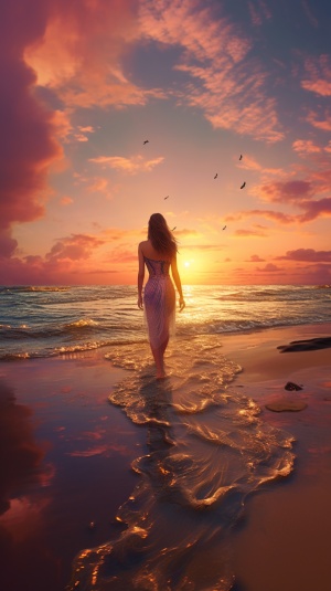 海边侧逆光美女欣赏日落