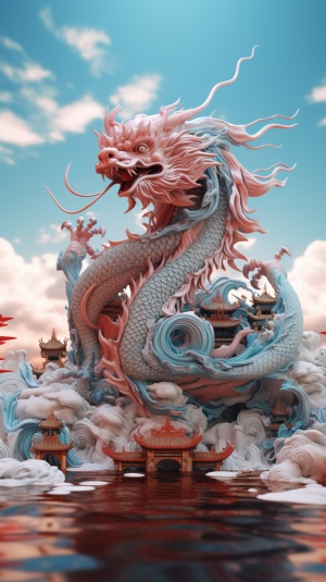 A Computer chip the dragon, the dragon hovers in the sky, in the style of blue and white porcelain,light red and lightblue,Chinese dragon,dream scene, grand scene,C4Drendering,Surrealism,meticulous design, master works, movie lighting, Ultra HD, fine details, color grading,32K HD ar 9:16