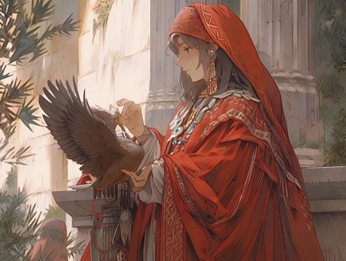 一个古代穿着红色凤冠霞帔的女子，五官完美，站着，手里捧着牌位，庭院内背景虚化，侧面视角，超详细，高清