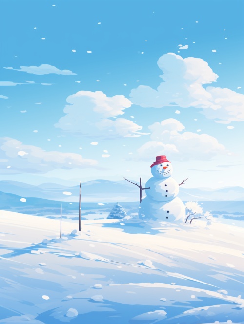 坐在雪地上的雪人，kawaiipunk风格，极简漫画，makoto shinkai，红色和天蓝，简单，极简纯洁，唐纳德·帕斯